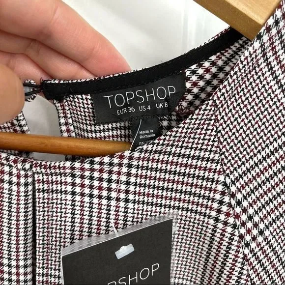 Topshop NEW Houndstooth Front Tie Plaid White Red Mini DresS Size 4 - Picture 7 of 16